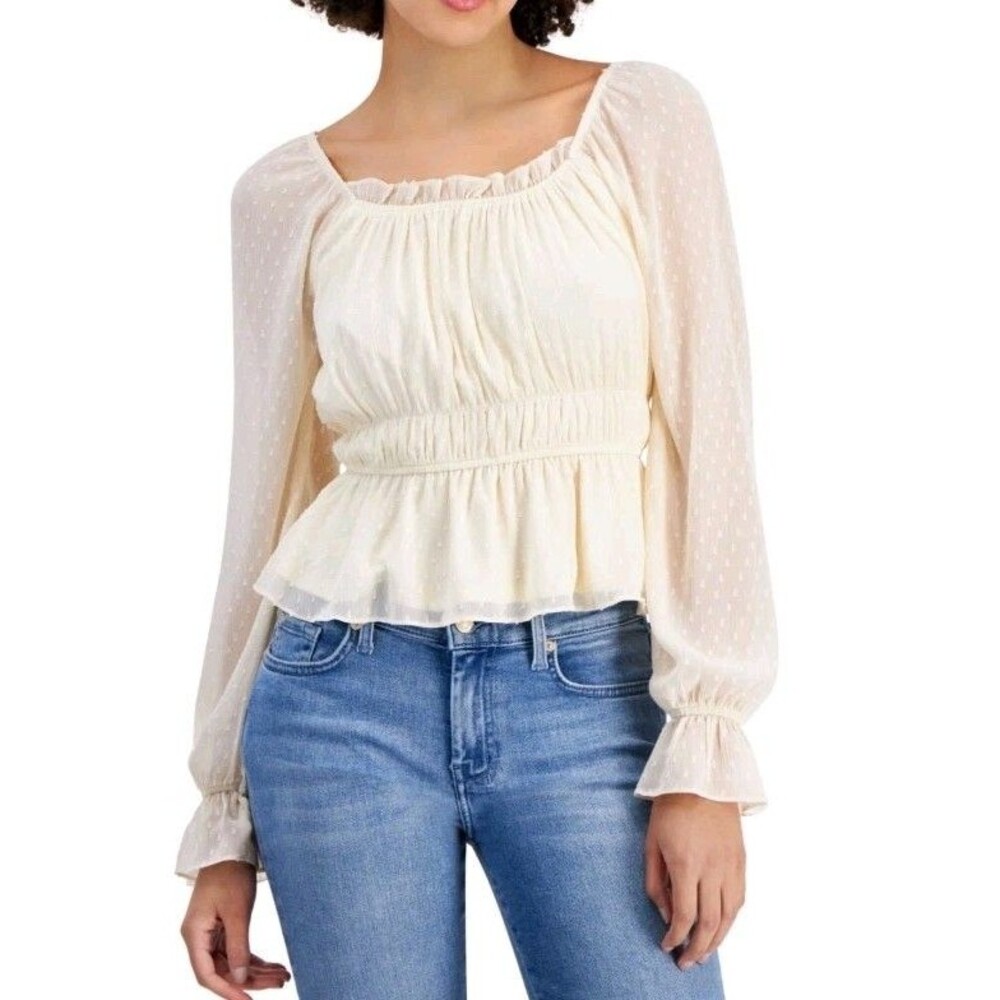 Planet Heart Peplum Top Women Size Med Cream Swiss Dot Square Neck Long Sleeve